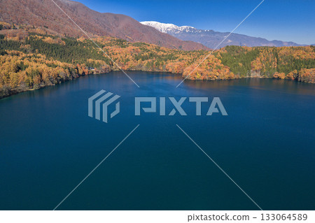 秋葉覆蓋的青木湖，以及白雪皚皚的白馬山脈，長野縣大町市（無人機空拍照片） 133064589