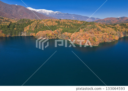 Lake Aoki, covered in autumn leaves, and the snow-capped Hakuba mountain range, Omachi City, Nagano Prefecture (aerial photo taken by drone) Lake Aoki, covered in autumn leaves, and the snow-capped Hakuba mountain range, Omachi City, Nagano Prefecture (aerial photo taken by drone) 133064593