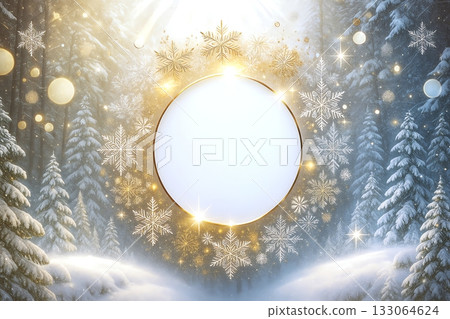 Winter background with snowy forest and gold snow frame 133064624