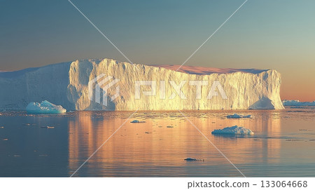 Arctic Iceberg Majesty: Glistening in the Polar Sunset's Warm Embrace 133064668
