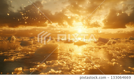 Golden Arctic: Melting Ice Floes at Sunset Reflecting the Sun's Warmth Golden Arctic: Melting Ice Floes at Sunset Reflecting the Sun's Warmth 133064669