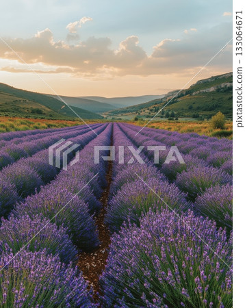 Lavender fields stretch toward distant hills under soft sunset light atmosphere. 133064671