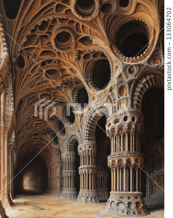 Ornate Architectural Wonder: A Detailed Hallway with Elaborate Columns and Ceiling 133064702