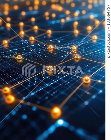 Network Connection, Interlinked Nodes, and Data Transfer with Golden Elements and Blue Grid Network Connection, Interlinked Nodes, and Data Transfer with Golden Elements and Blue Grid 133064757