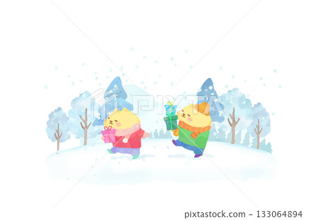可愛的貓咪叼著禮物散步-水彩插畫 可愛的貓咪叼著禮物散步-水彩插畫 133064894