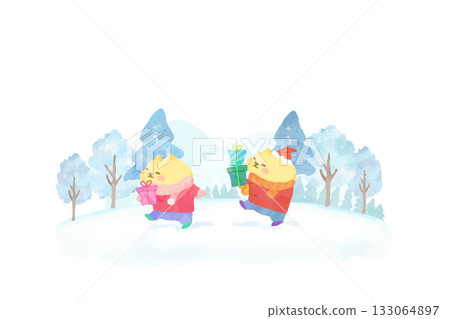 可愛的貓咪叼著聖誕禮物散步-水彩插畫 可愛的貓咪叼著聖誕禮物散步-水彩插畫 133064897