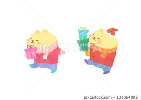 可愛的貓咪叼著聖誕禮物散步-水彩插畫 可愛的貓咪叼著聖誕禮物散步-水彩插畫 133064899