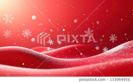 Festive red background with snowflakes gently falling over soft, snowy hills creates warm holiday atmosphere 133064958