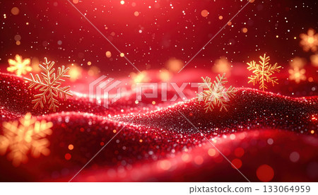Sparkling red background with golden snowflakes and bokeh lights creates festive and magical holiday atmosphere Sparkling red background with golden snowflakes and bokeh lights creates festive and magical holiday atmosphere 133064959