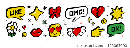 Pixel 3d isometric icon and sticker set. 8 bit retro game style. Y2k trendy vector illustration of heart cursor hand flower speech bubble character sparkle star etc. Social media and chat elements. 133065000