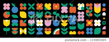 Flower berry fruit abstract geometric shapes. Brutal modern contemporary figure and icon arch cloud vawe star oval circle and other primitive elements. Swiss design aesthetic. Bauhaus memphis design. Flower berry fruit abstract geometric shapes. Brutal modern contemporary figure and icon arch cloud vawe star oval circle and other primitive elements. Swiss design aesthetic. Bauhaus memphis design. 133065005