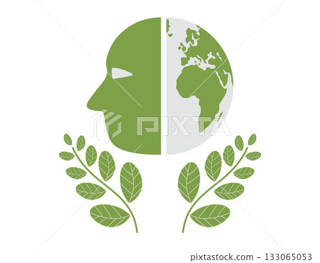 Bouquet of leaves holding head and green earth saving, environmental problem on white background. Vector design illustration. 133065053
