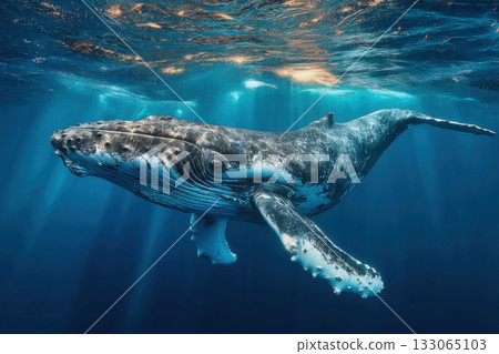 A humpback whale swims majestically underwater, just below the surface. The sun's rays touch its back. 133065103
