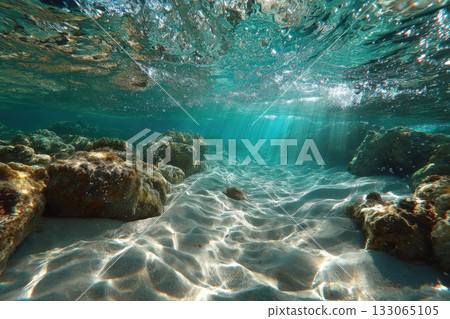 Rays of sunlight penetrate the clear blue water. The sandy ocean floor and rocky formations are illuminated by the sun. Rays of sunlight penetrate the clear blue water. The sandy ocean floor and rocky formations are illuminated by the sun. 133065105