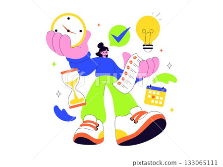 Vector Illustration Of Time Management With Clock Settings, Task Planning, Training Activities, And Scheduling In a Flat Cartoon Style Background 133065111