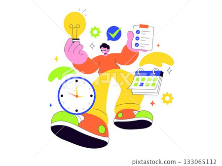 Vector Illustration Of Time Management With Clock Settings, Task Planning, Training Activities, And Scheduling In a Flat Cartoon Style Background 133065112