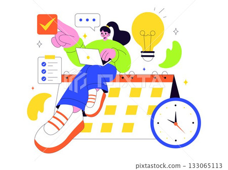 Vector Illustration Of Time Management With Clock Settings, Task Planning, Training Activities, And Scheduling In a Flat Cartoon Style Background Vector Illustration Of Time Management With Clock Settings, Task Planning, Training Activities, And Scheduling In a Flat Cartoon Style Background 133065113