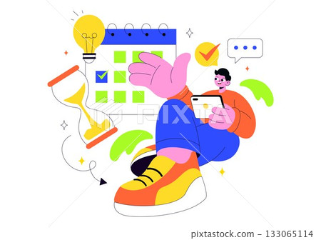 Vector Illustration Of Time Management With Clock Settings, Task Planning, Training Activities, And Scheduling In a Flat Cartoon Style Background 133065114