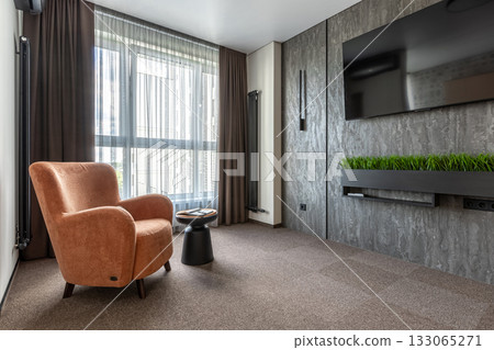 Modern Living Room Corner with Orange Armchair and TV Wall Modern Living Room Corner with Orange Armchair and TV Wall 133065271