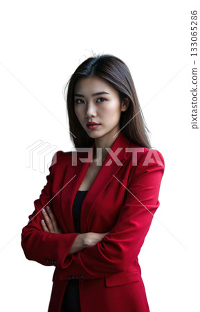 A white female business leader in deep crimson, standing with arms crossed, surrounded by digital symbols of success and financial A white female business leader in deep crimson, standing with arms crossed, surrounded by digital symbols of success and financial 133065286