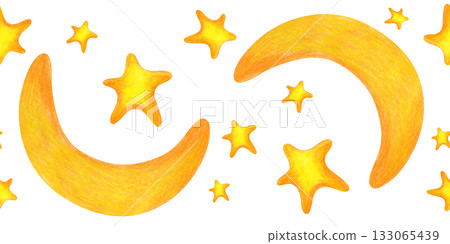 Seamless border with gold stars and a crescent moon, hand-drawn. Pencil drawing of the night starry sky on an isolated background. Seamless template for wallpaper, textiles, and tableware. Seamless border with gold stars and a crescent moon, hand-drawn. Pencil drawing of the night starry sky on an isolated background. Seamless template for wallpaper, textiles, and tableware. 133065439
