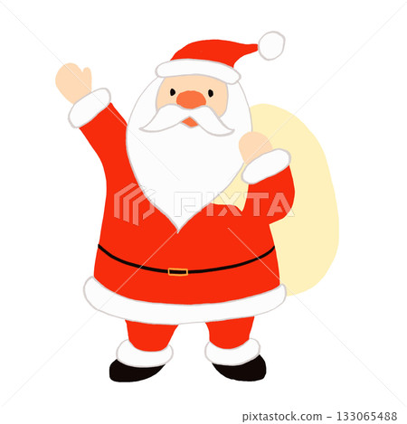Santa Claus holding a bag full of presents and raising his hand to greet Santa Claus holding a bag full of presents and raising his hand to greet 133065488