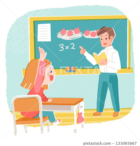 小學女生在教室裡舉手回答數學題 小學女生在教室裡舉手回答數學題 133065667