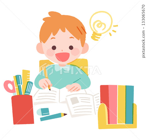 An elementary school boy has an idea while studying at home An elementary school boy has an idea while studying at home 133065670