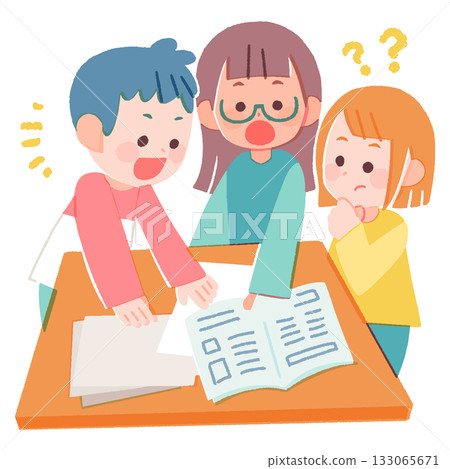 Elementary school students doing research while discussing in groups 133065671