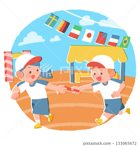 在運動會上,小學生正在進行接力賽,傳遞接力棒。 在運動會上,小學生正在進行接力賽,傳遞接力棒。 133065672