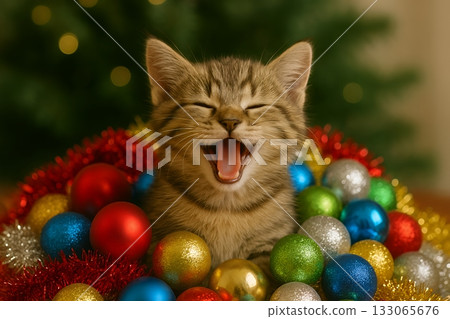 Kitten surrounded by Christmas ornaments, smiling, Christmas tree, cat 133065676