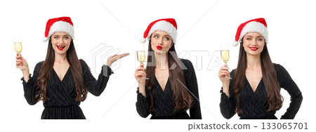 Woman wearing a Santa hat holding champagne glass, isolated, PNG Woman wearing a Santa hat holding champagne glass, isolated, PNG 133065701