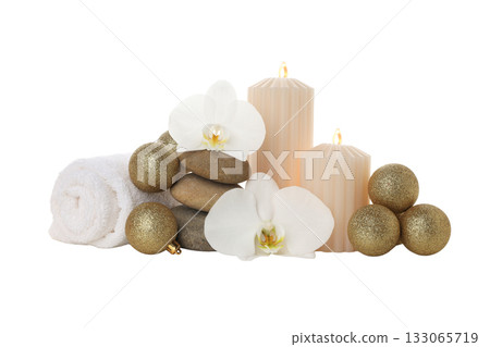 New Year spa setup: candles, towels, stones, on white, PNG New Year spa setup: candles, towels, stones, on white, PNG 133065719