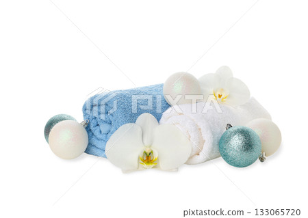 Festive atmosphere with bright towels and decor, on white, PNG 133065720