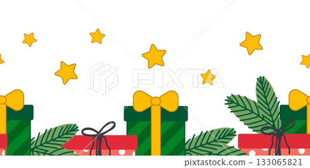 Gifts Pine Branches and Stars Seamless Border Gifts Pine Branches and Stars Seamless Border 133065821