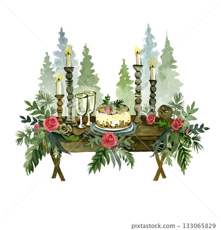 Watercolor illustration of a festive Christmas table with candles, dessert, and floral decorations. Perfect for holiday cards, invitations, prints, or cozy winter interior designs. 133065829