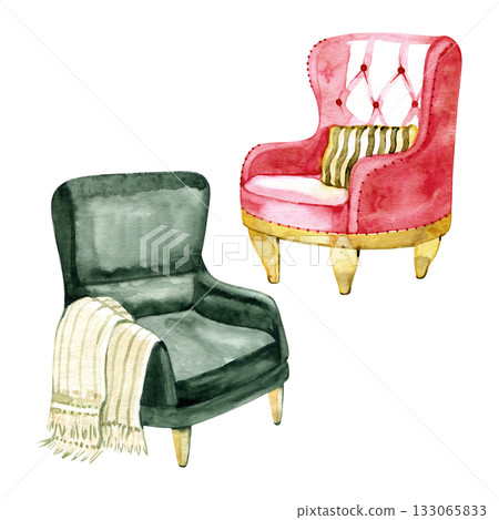 Watercolor illustration of cozy vintage armchairs in red and green tones. Perfect for Christmas interior decor, home design, invitations, prints, or hygge-themed creative projects. Watercolor illustration of cozy vintage armchairs in red and green tones. Perfect for Christmas interior decor, home design, invitations, prints, or hygge-themed creative projects. 133065833
