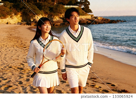 網球訓練結束後，一對情侶在沙灘上散步聊天。 133065924