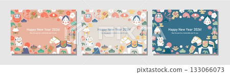 2026 horizontal New Year's card design featuring the zodiac sign of the horse and auspicious items 133066073