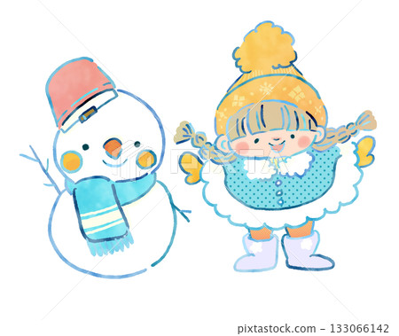 冬日遊戲系列:雪人和女孩可愛插畫 冬日遊戲系列:雪人和女孩可愛插畫 133066142