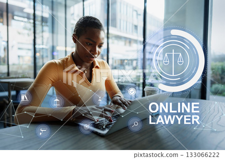 Young professional engaged in legal work at a modern cafe setting 133066222