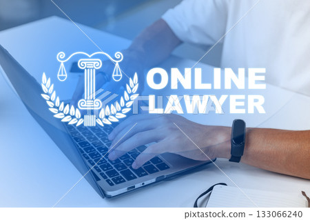 Engaging in legal work online with a laptop and legal symbols in a modern workspace 133066240
