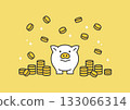 豬仔存錢筒和硬幣的插圖（黃色背景代表好運和儲蓄） 133066314