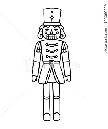 Traditional nutcracker soldier toy in uniform with a tall hat. Hand drawn illustration in line style. Traditional nutcracker soldier toy in uniform with a tall hat. Hand drawn illustration in line style. 133066329