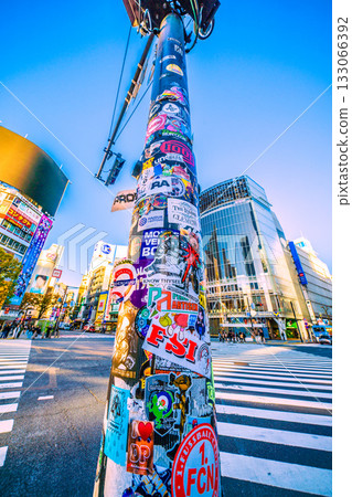 日本東京城市景觀－用貼紙記錄你的旅行回憶…沐浴在晨光中的十字路口，交通號誌上的貼紙等等… 133066392
