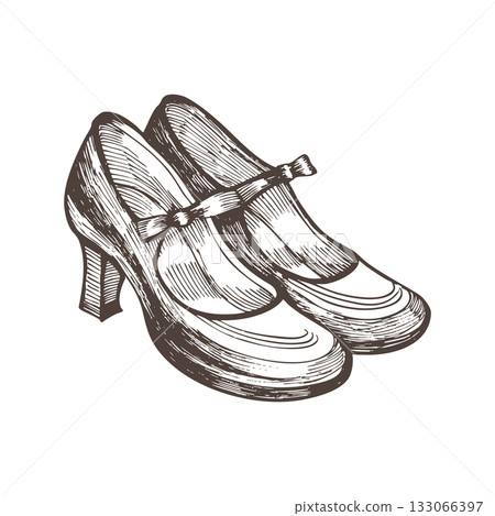 Vintage vector illustration of women s shoes with a bow, drawn in detailed ink engraving style. Perfect for fashion prints, boutique logos, and retro design projects. 133066397