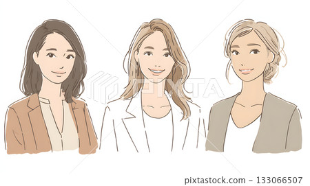 Illustration of three smiling adult women. Soft watercolor art expressing friendship, community, and working women. 133066507