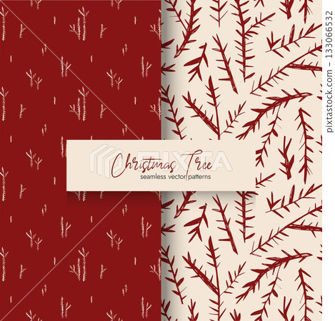 Christmas tree branch seamless vector patterns set in warm red and cream tones for holiday decor textiles gift wrap and branding 133066532