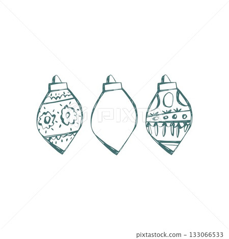 Hand drawn christmas ornament set with round vintage shapes in teal lines for holiday decor cards gift wrap and seasonal projects 133066533