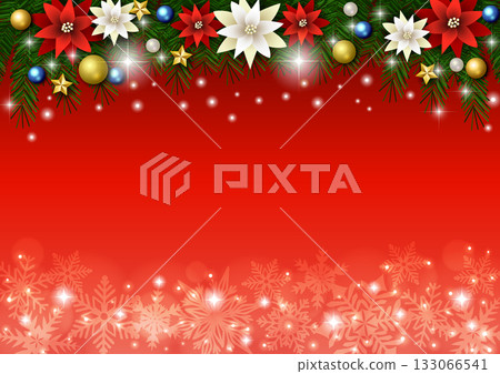 Christmas background, snowflakes, red, poinsettia, fir tree, cute, illustration, horizontal 133066541